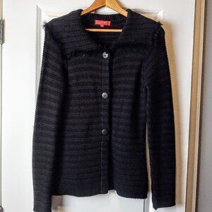 Lo Ri Black & Brown Stripe Faux Fur Trim Cardigan